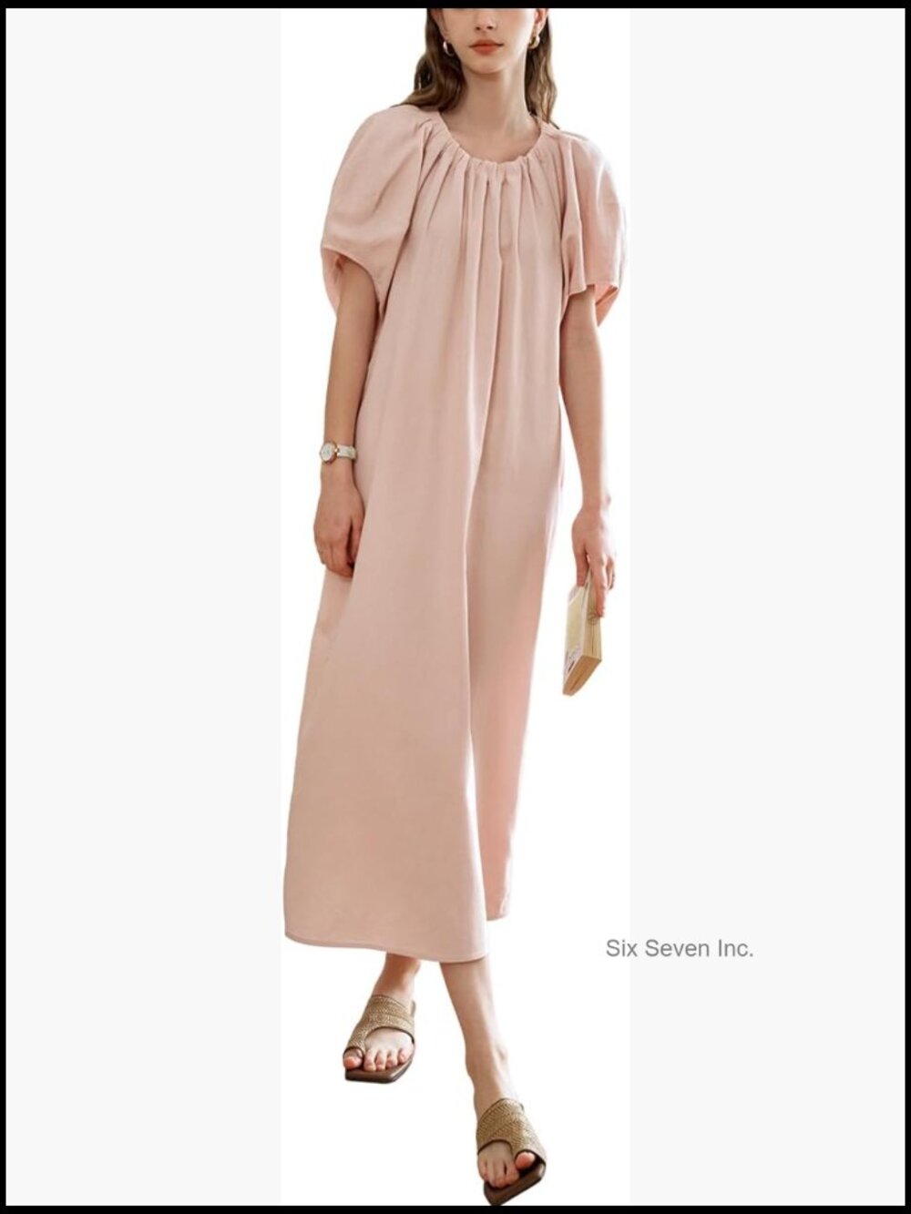 Polyester Blend Puff Sleeve Maxi Dress, Loose A-Line Midi